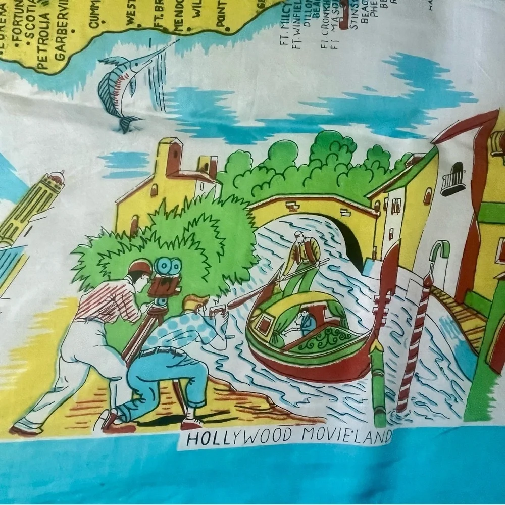 Vintage 1940s California Souvenir Map SILK Scarf Turquoise Yellow Red Oversized